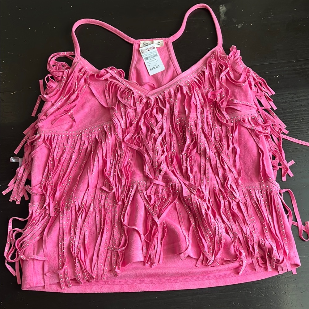 Main Strip Pink Fringe Tank Top
